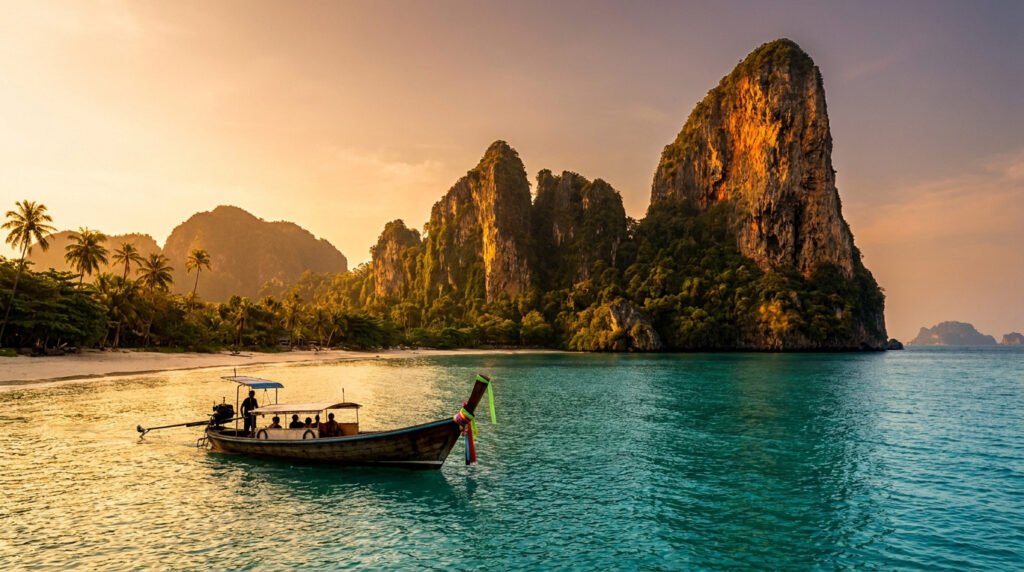 A traditional Thai long-tail boat floating on turquoise water near dramatic limestone cliffs at sunset in Ao Nang.