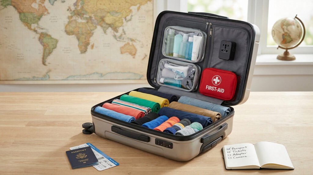 A neatly packed suitcase on a wooden table, featuring organized clothing, toiletries, a first-aid kit, and a passport.