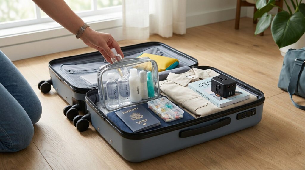 A person packing a suitcase with travel-sized liquids, a passport, a pill organizer, and a universal power adapter.