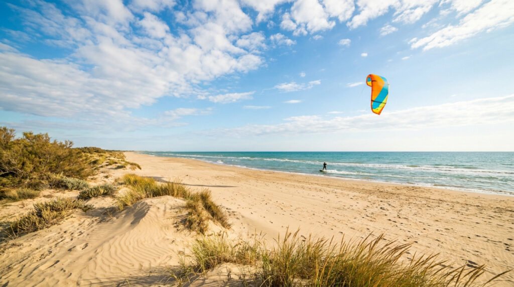 A kitesurfer glides across the water at Beauduc beach, featuring sandy dunes, tall grasses, and a bright blue sky.