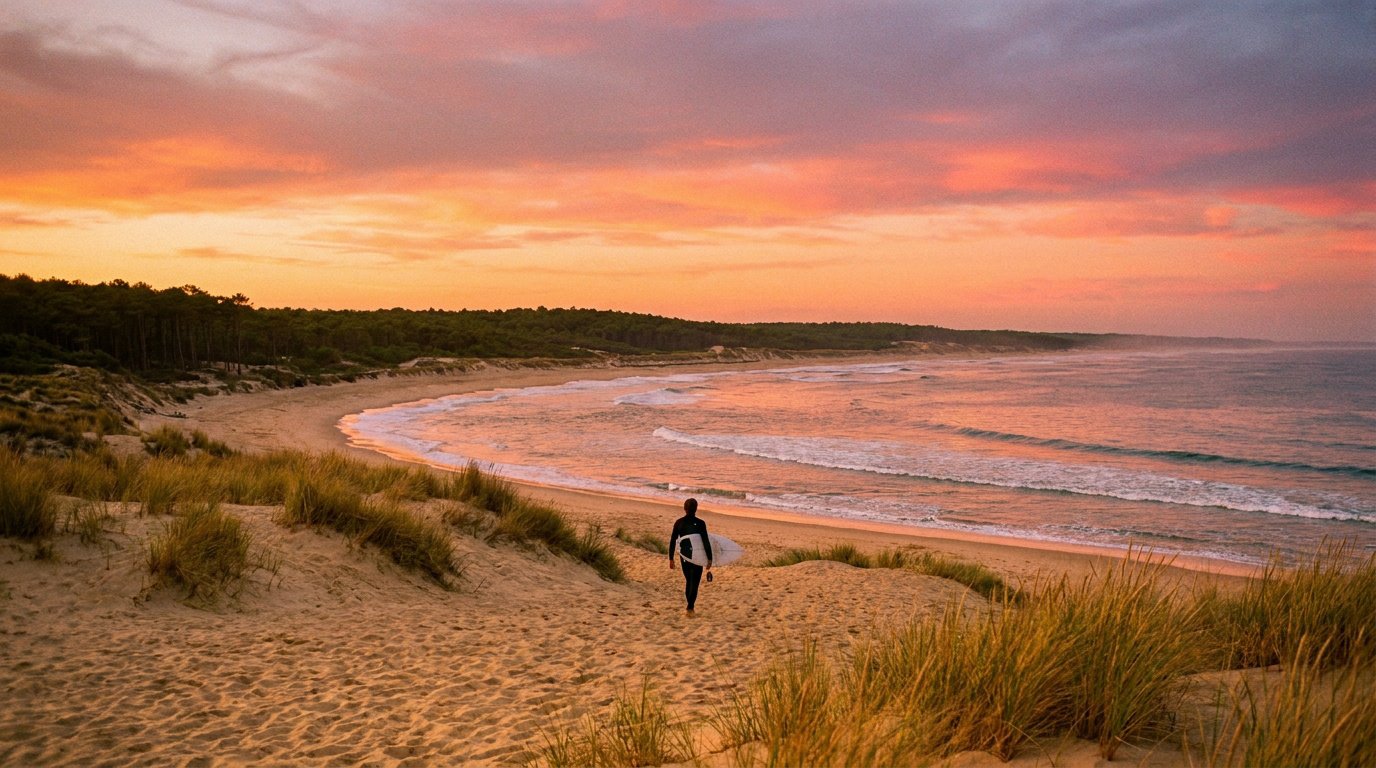 A lone surfer walking toward the ocean over grassy sand dunes during a vibrant, orange-hued sunset in the Landes, France.