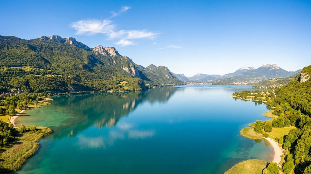 Aerial view of the turquoise waters of Lake Bourget surrounded by lush green mountains under a bright blue sky.