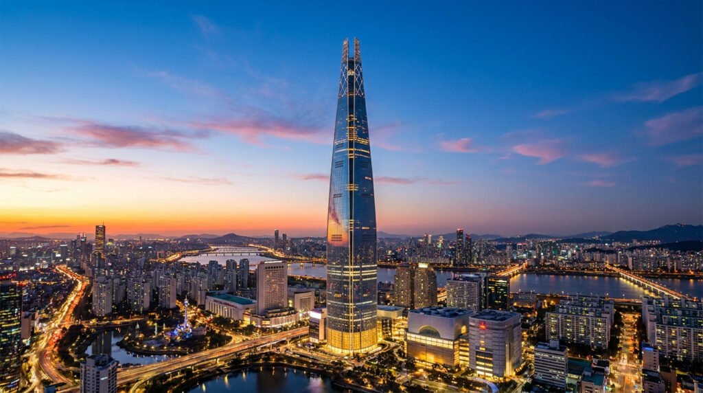 The illuminated Lotte World Tower skyscraper towering over the Seoul cityscape during a vibrant golden hour sunset.