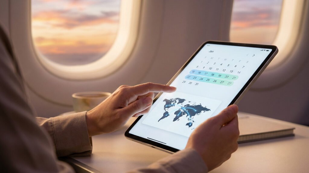 A person using a tablet to select travel dates on a calendar app with a world map while sitting on a plane.