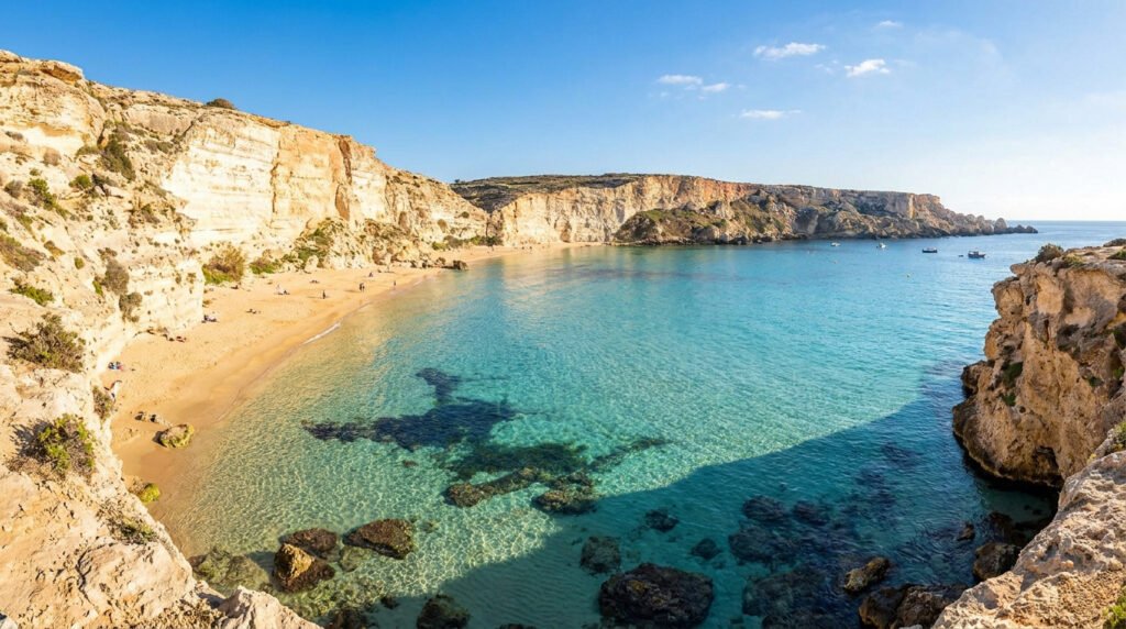 A high-angle view of Paradise Bay in Malta, showing turquoise waters, a sandy beach, and dramatic limestone cliffs.